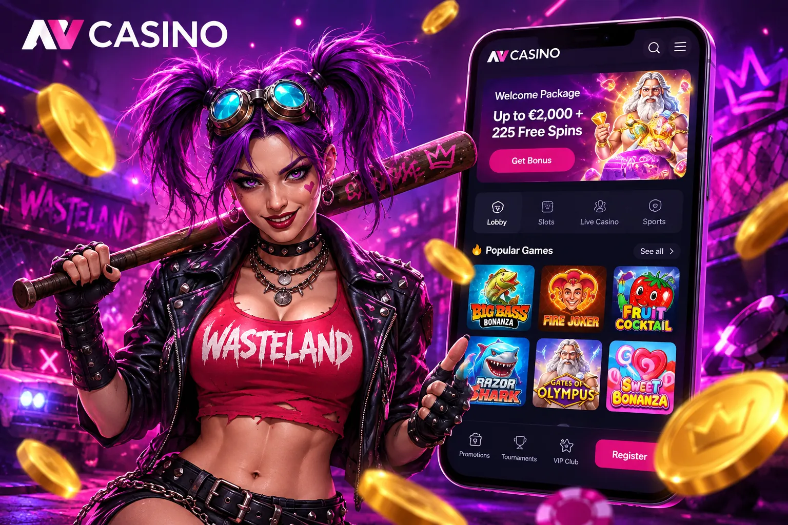 NV Casino on a smartphone showing the welcome package, game categories and popular slots
